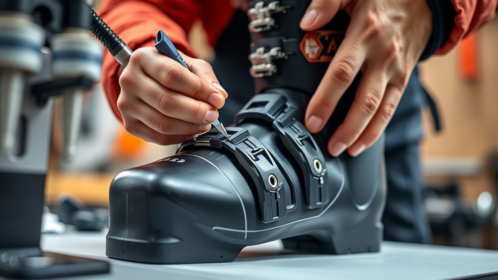 전문 피팅 샵에서 스키어의 발 모양을 측정하고 부츠 아웃쉘의 변형 위치를 마킹하는 정교한 작업 장면