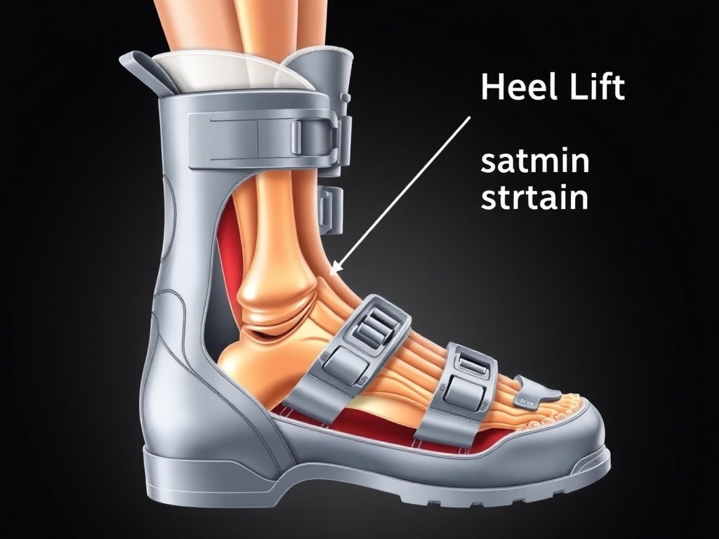 스키 부츠 내부에서 발뒤꿈치가 들리며 발목에 무리가 가는 현상을 보여주는 해부학적 일러스트