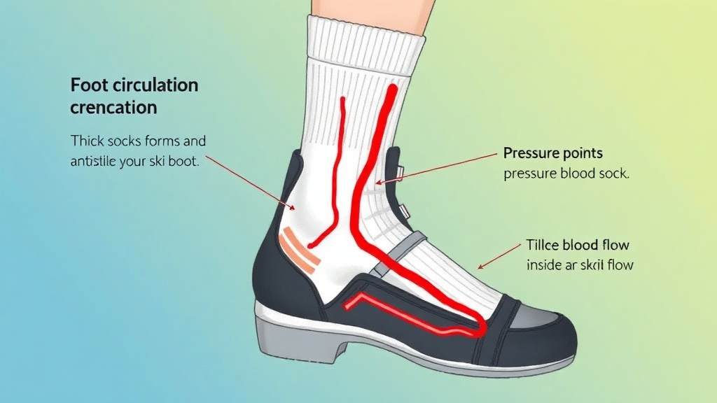 두꺼운 양말이 부츠 내부에서 발의 혈액 순환을 압박하는 모습을 설명하는 도식