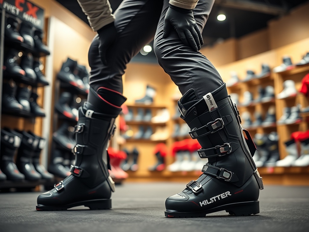 실내 매장에서 스키 부츠를 착용하고 무릎을 굽혀 플렉스 적정성을 확인하는 스키어의 모습